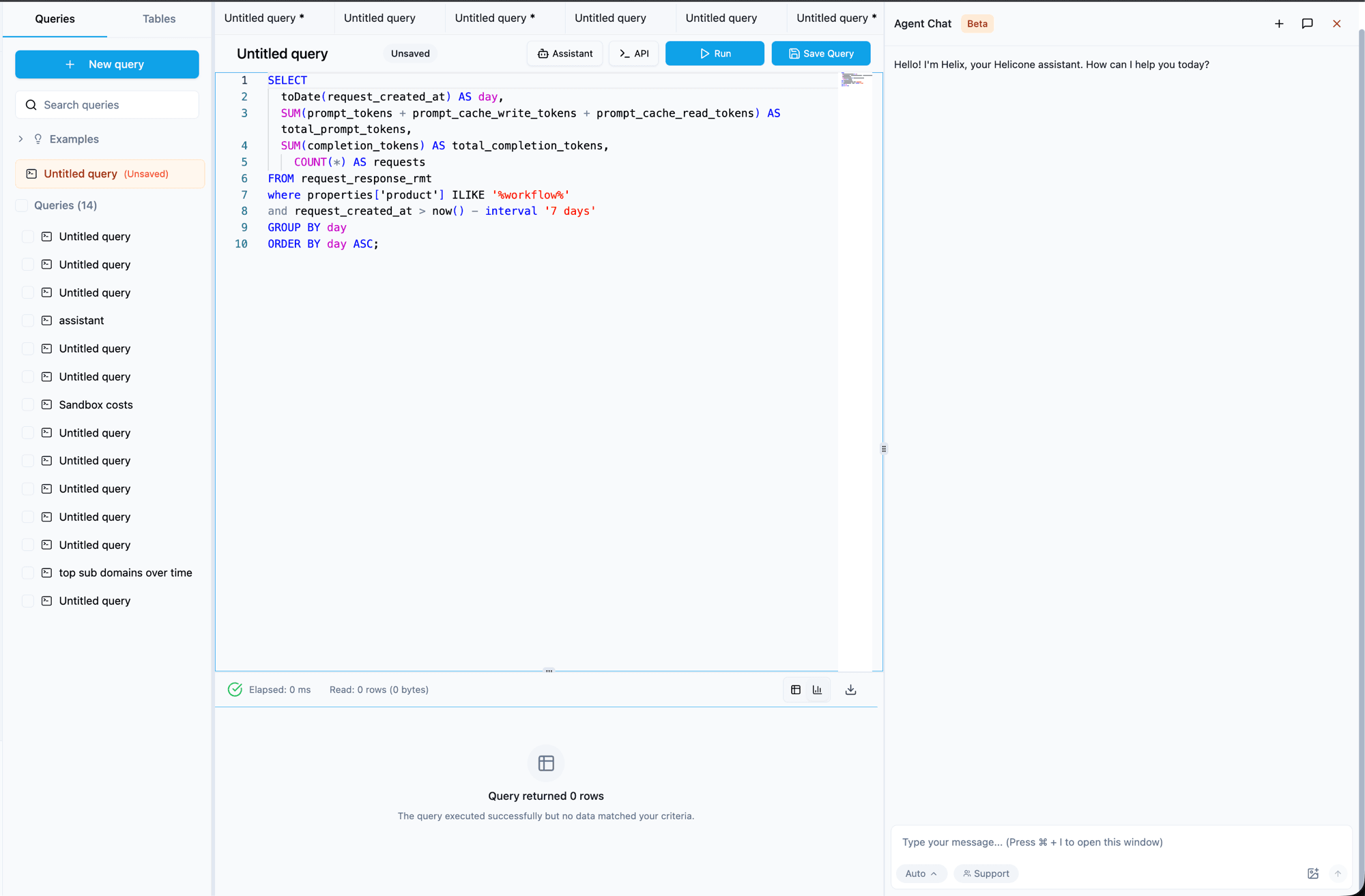 The HQL editor in Helicone showing a SQL query that aggregates token usage per day from request_response_rmt, with saved queries in a sidebar and the Helix assistant panel on the right